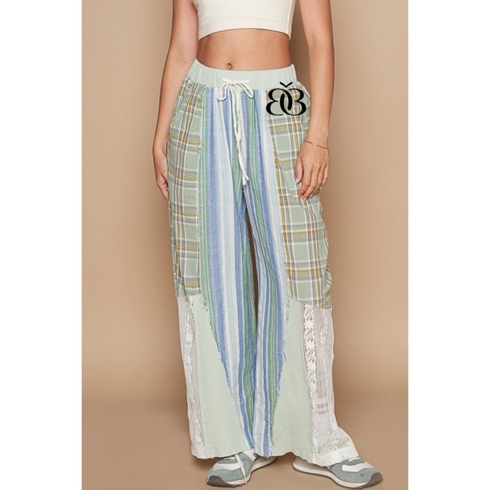 POL Blue & Green Washed Cotton Plaid with Stripes Lace Leg Pants - Picture 7 of 8